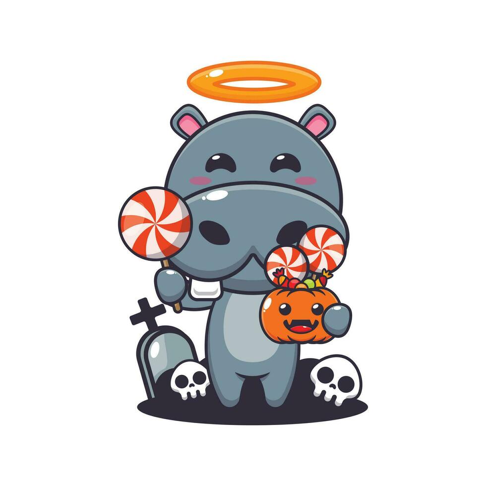 cute angel hippo holding candy in halloween day. Cute halloween cartoon illustration. vector