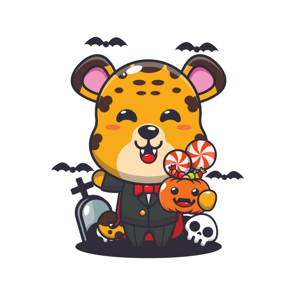 vampire leopard holding halloween pumpkin. Cute halloween cartoon illustration. vector