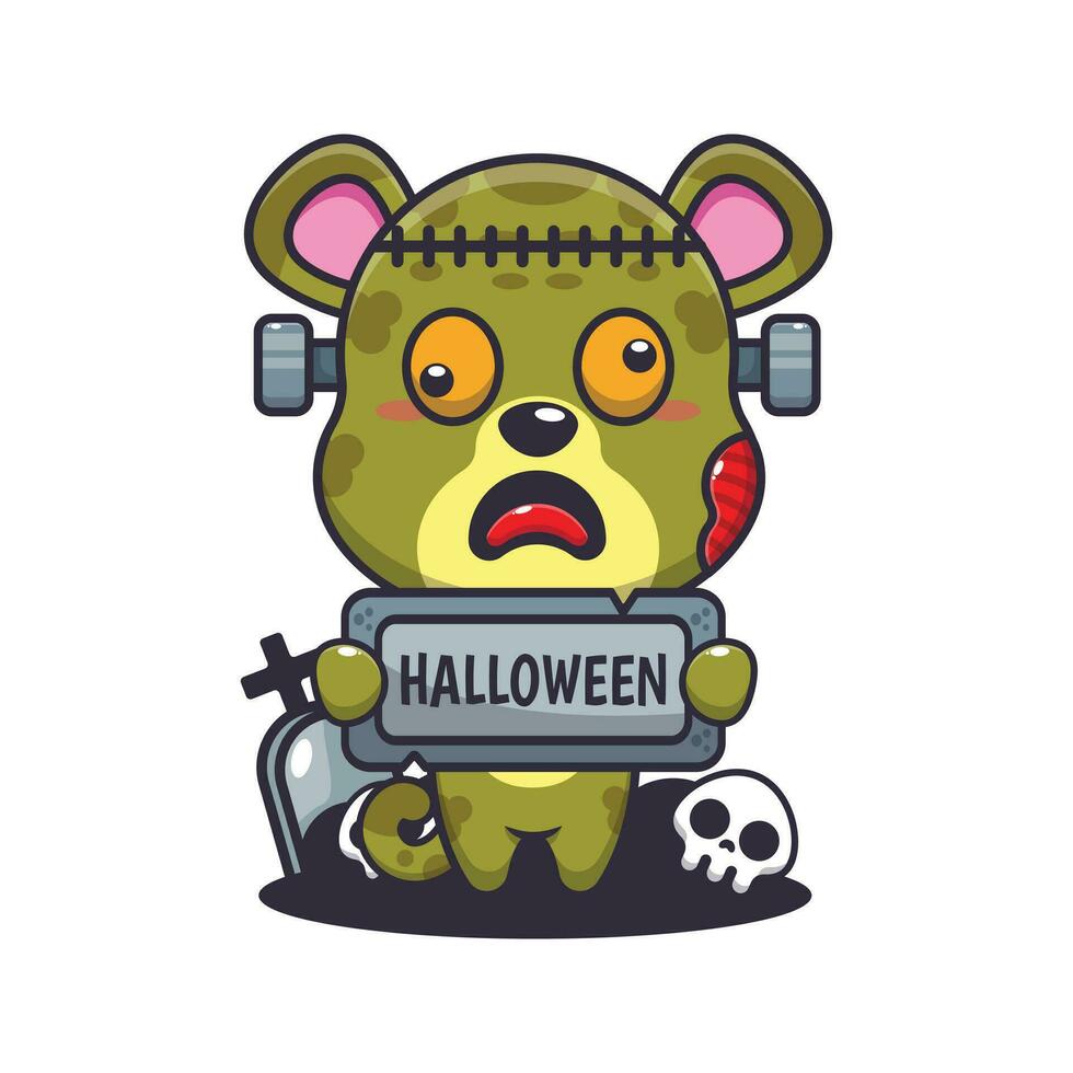 zombie leopard holding halloween greeting stone. Cute halloween cartoon illustration. vector