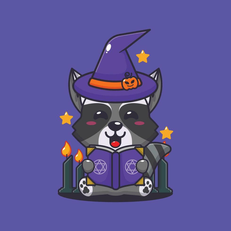 witch raccoon reading spell book. Cute halloween cartoon illustration. vector