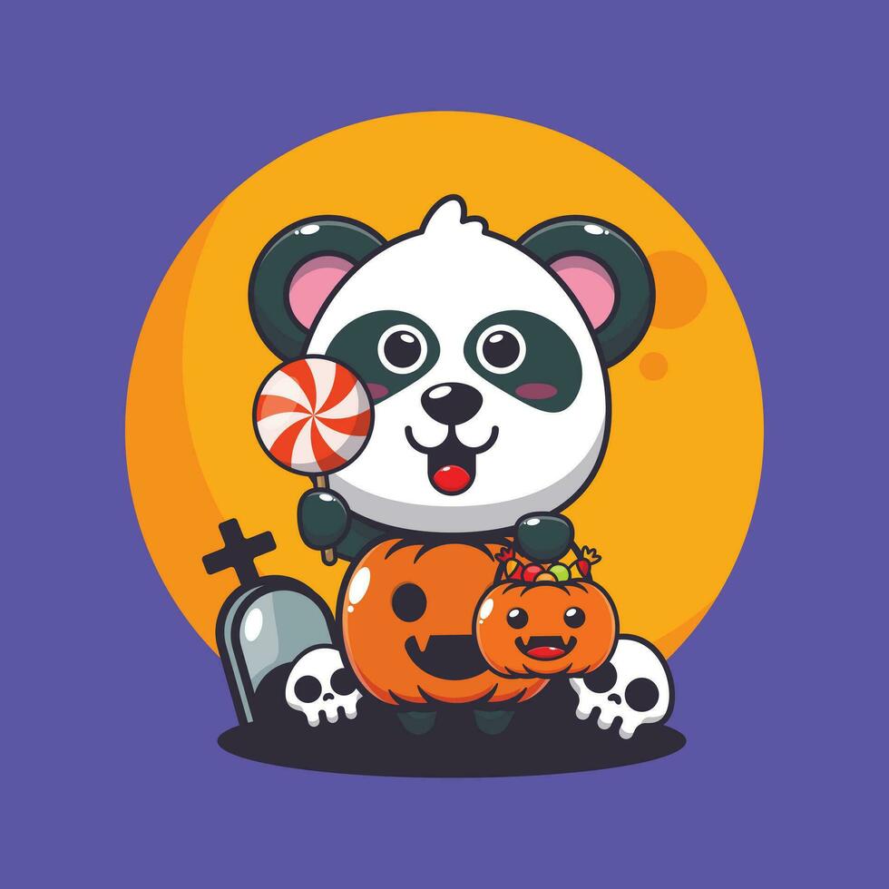 panda with halloween pumpkin costume. Cute halloween cartoon illustration. vector