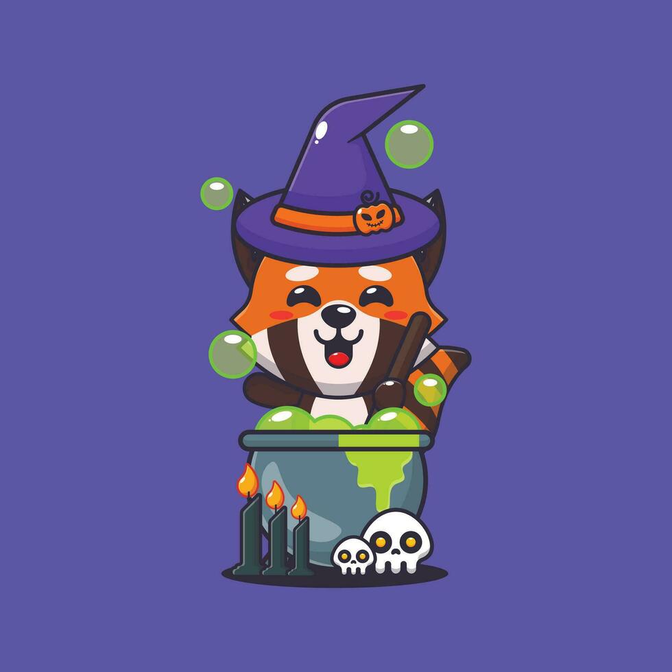 witch red panda making potion in halloween day. Cute halloween cartoon illustration. vector