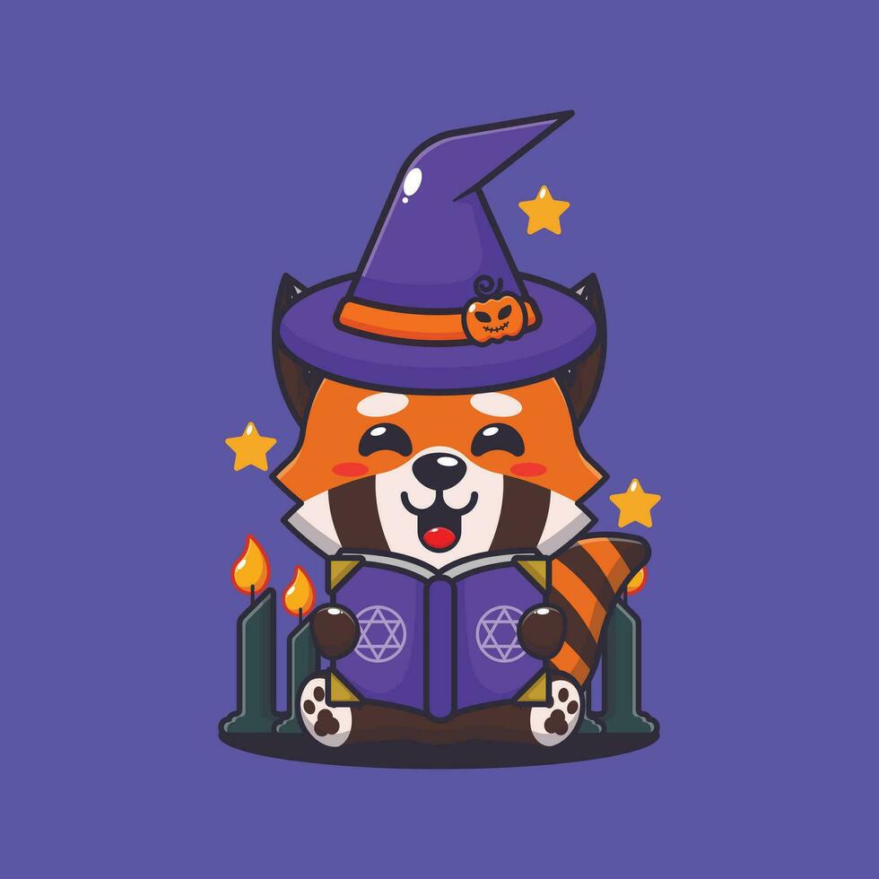 witch red panda reading spell book. Cute halloween cartoon illustration. vector