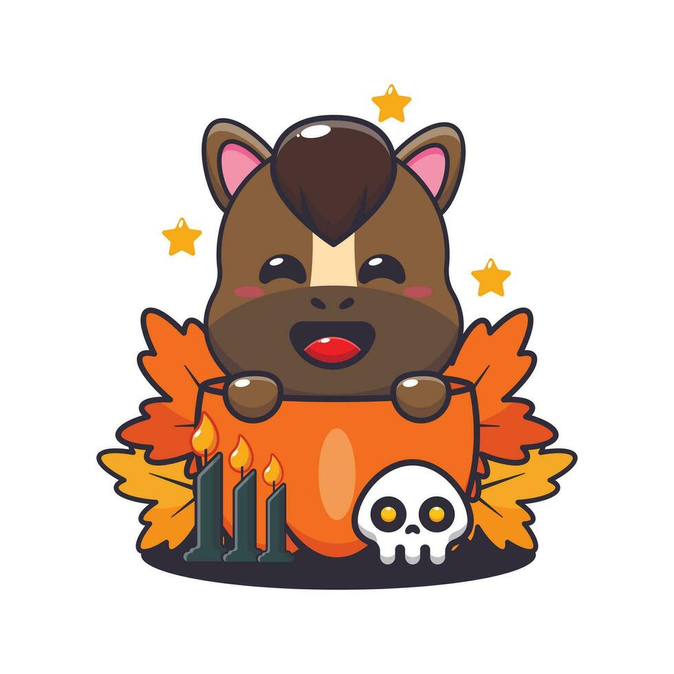 cute horse in halloween pumpkin. Cute halloween cartoon illustration. vector