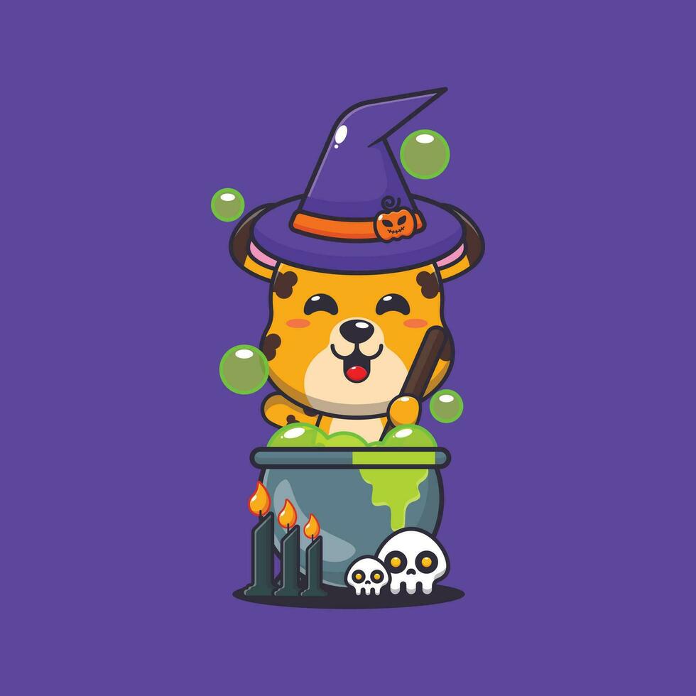 witch leopard making potion in halloween day. Cute halloween cartoon illustration. vector
