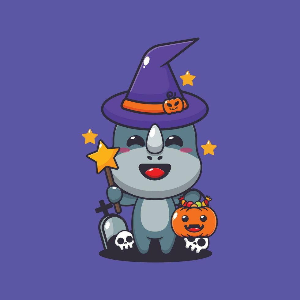 witch rhino in halloween day. Cute halloween cartoon illustration. vector