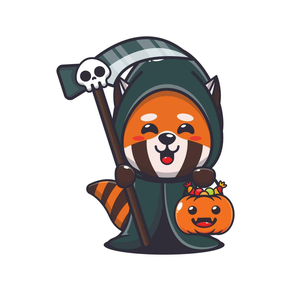 severo segador rojo panda participación guadaña y Víspera de Todos los Santos calabaza. linda Víspera de Todos los Santos dibujos animados ilustración. vector