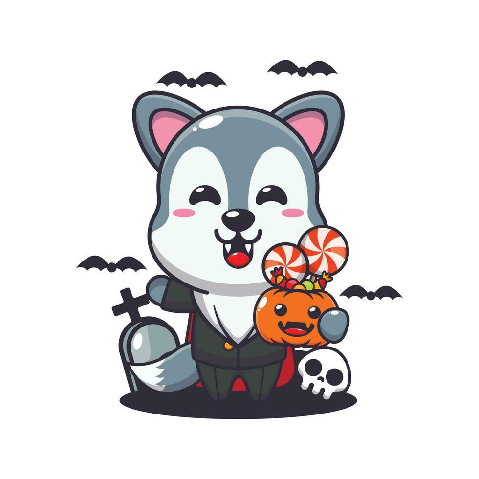 vampire wolf holding halloween pumpkin. Cute halloween cartoon illustration. vector