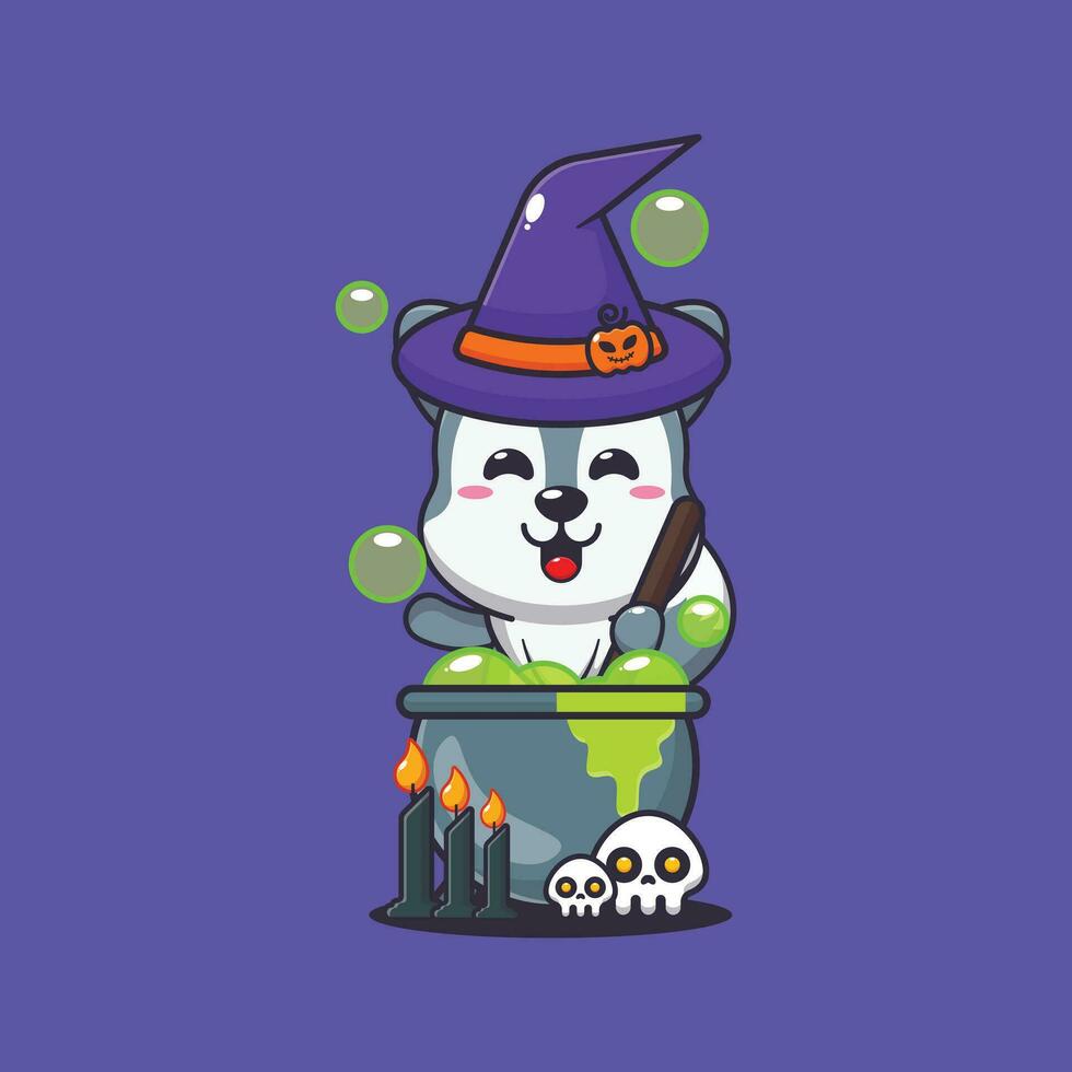 witch wolf making potion in halloween day. Cute halloween cartoon illustration. vector