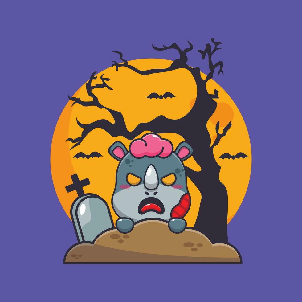 zombie rhino rise from graveyard in halloween day. Cute halloween cartoon illustration. vector