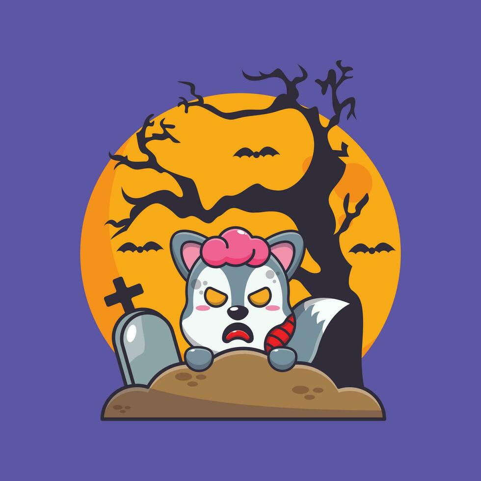 zombie wolf rise from graveyard in halloween day. Cute halloween cartoon illustration. vector