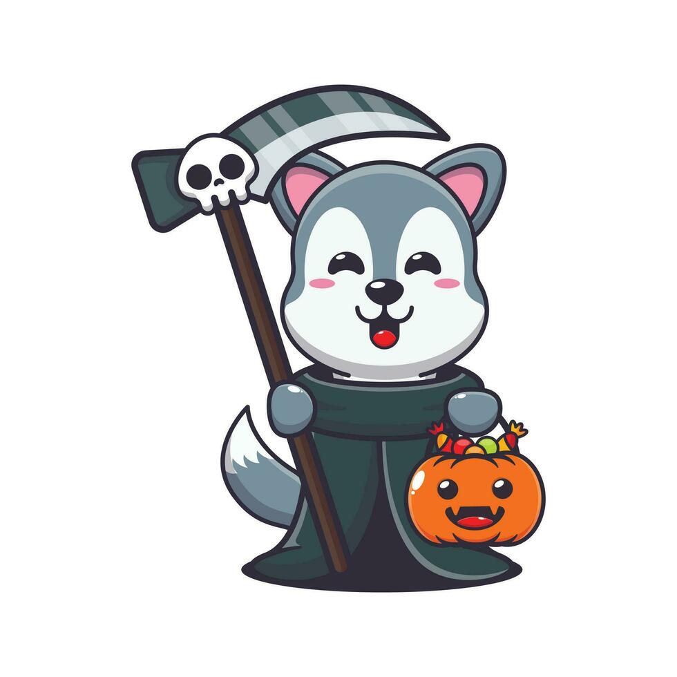 grim reaper wolf holding scythe and halloween pumpkin. Cute halloween cartoon illustration. vector