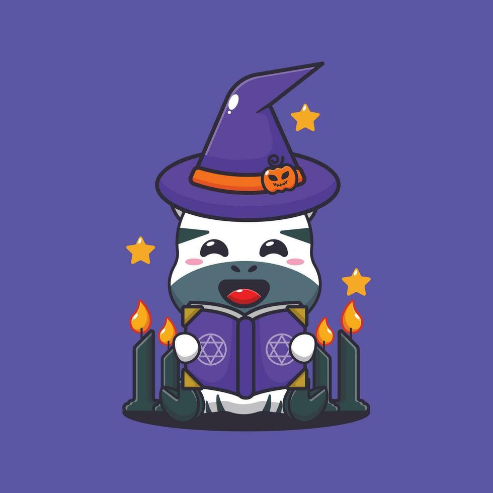 witch zebra reading spell book. Cute halloween cartoon illustration. vector