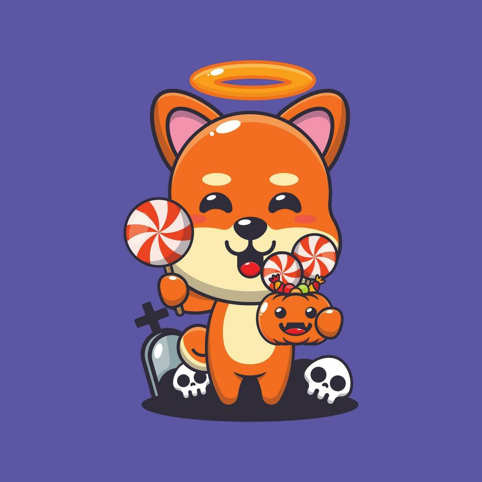 cute angel shiba inu holding candy in halloween day. Cute halloween cartoon illustration. vector