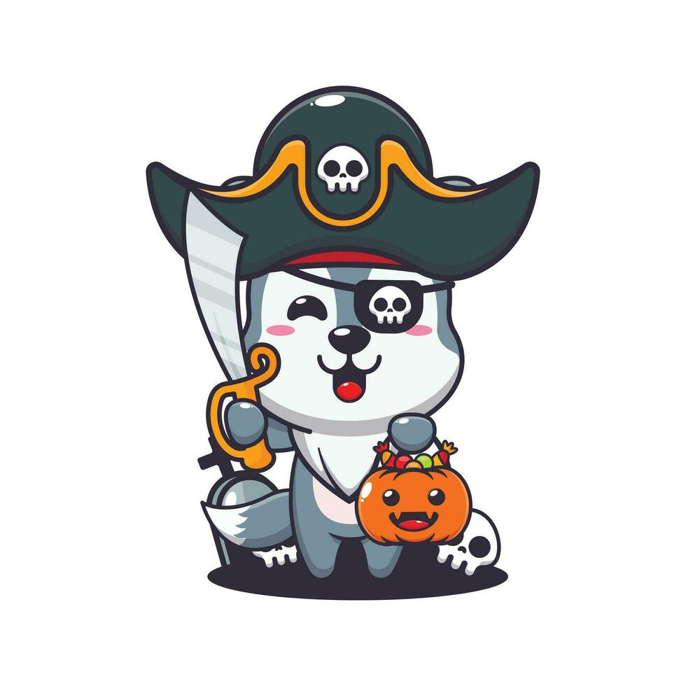pirates wolf in halloween day. Cute halloween cartoon illustration. vector