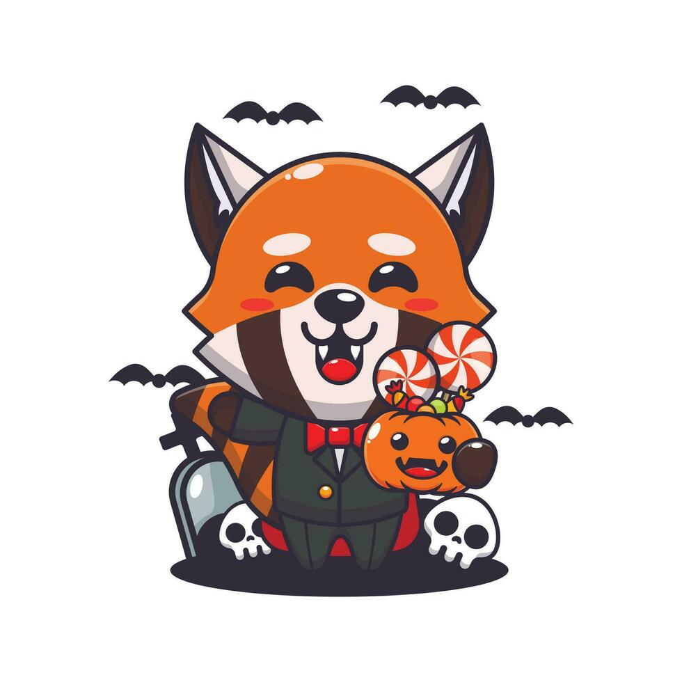 vampire red panda holding halloween pumpkin. Cute halloween cartoon illustration. vector