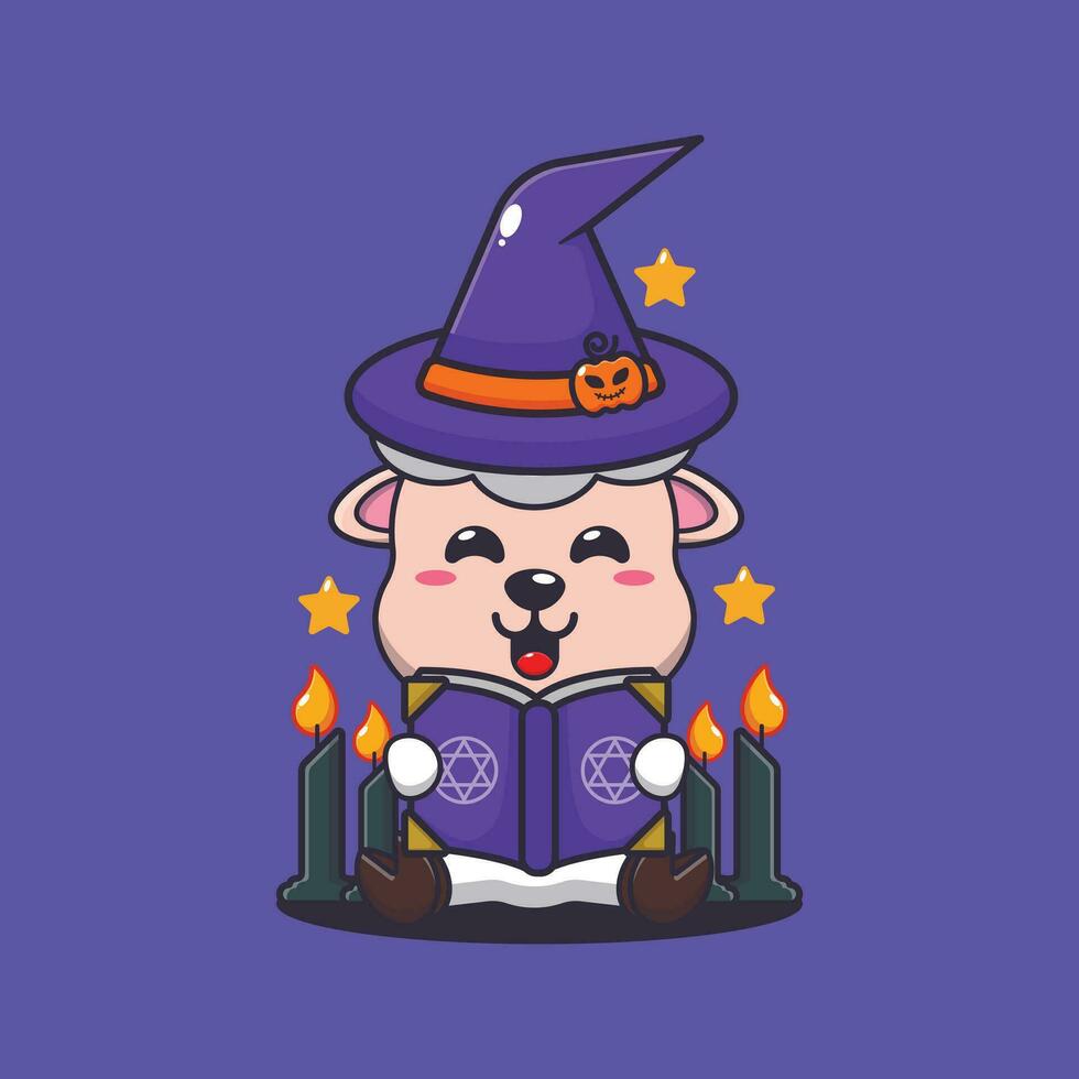 witch sheep reading spell book. Cute halloween cartoon illustration. vector