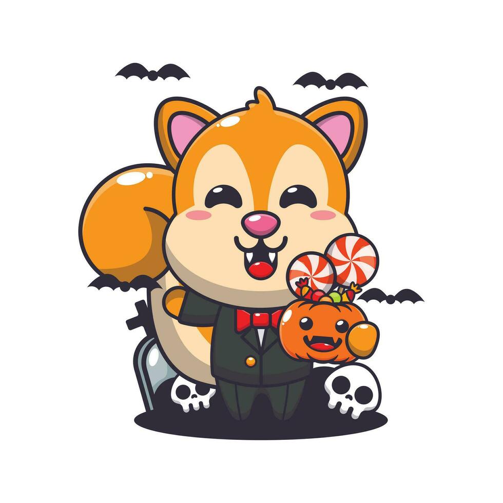 vampire squirrel holding halloween pumpkin. Cute halloween cartoon illustration. vector