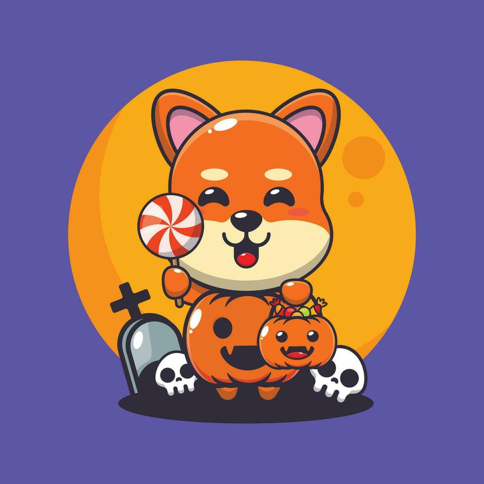 shiba inu con Víspera de Todos los Santos calabaza traje. linda Víspera de Todos los Santos dibujos animados ilustración. vector