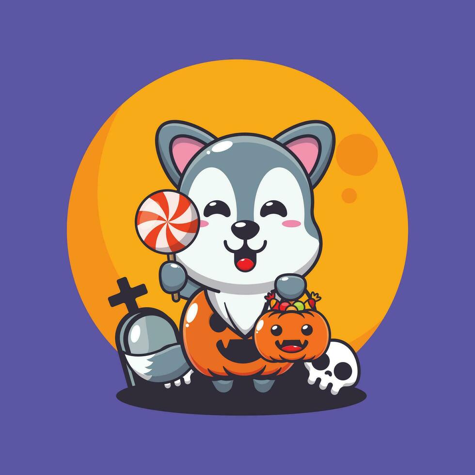 wolf with halloween pumpkin costume. Cute halloween cartoon illustration. vector