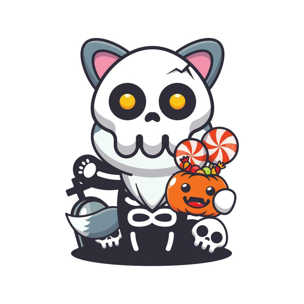 wolf with skeleton costume holding halloween pumpkin. Cute halloween cartoon illustration. vector