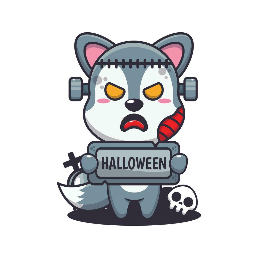 zombie wolf holding halloween greeting stone. Cute halloween cartoon illustration. vector