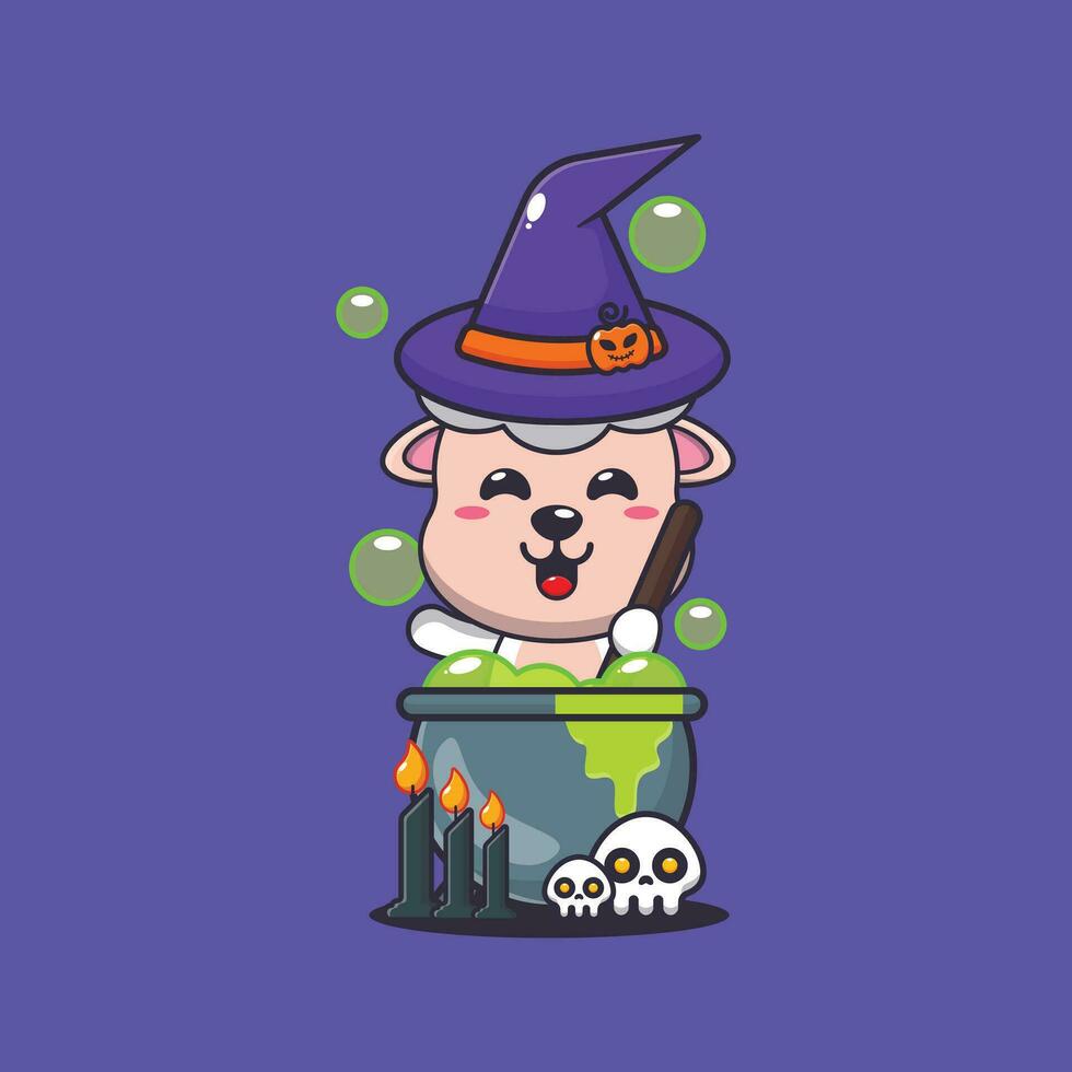 witch sheep making potion in halloween day. Cute halloween cartoon illustration. vector