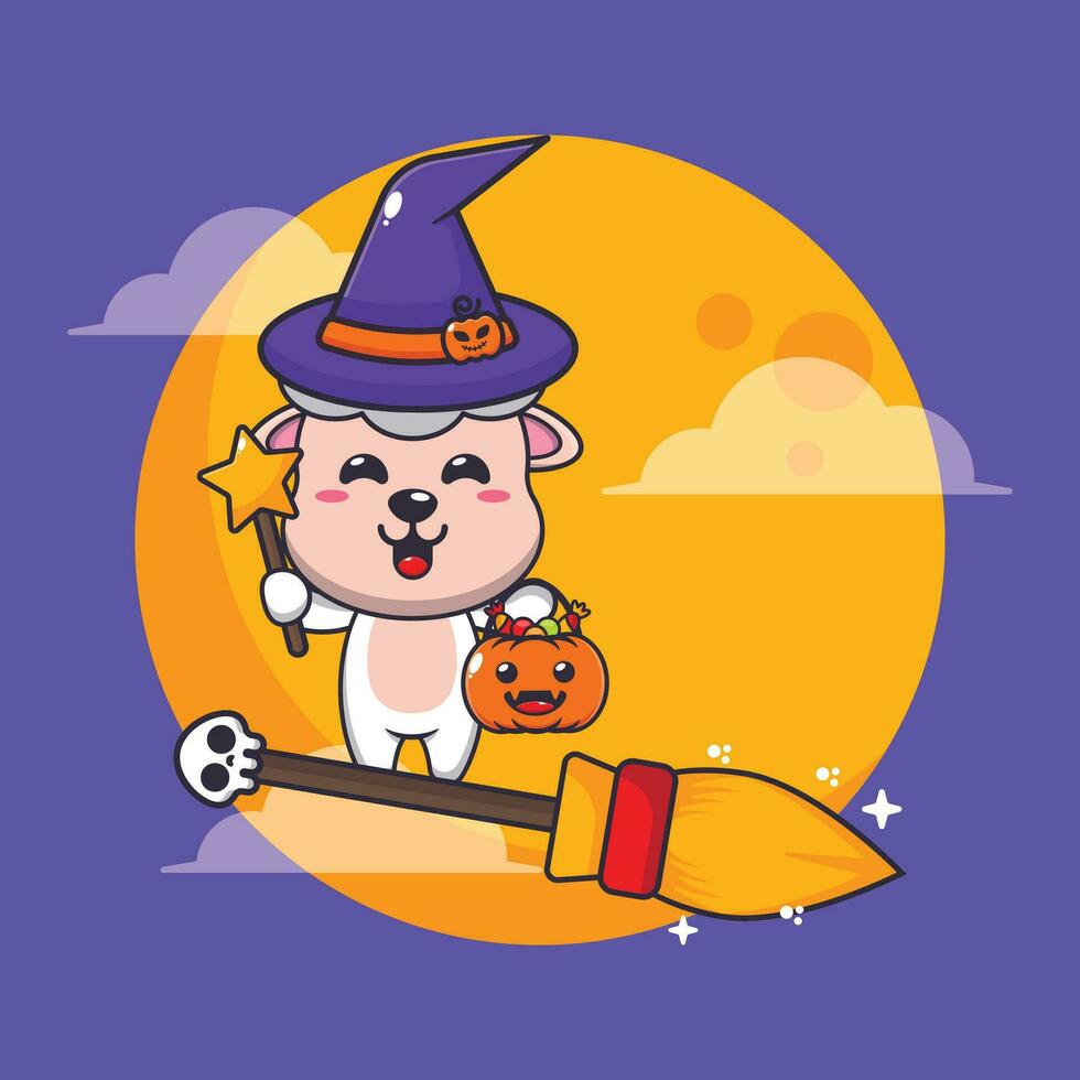 witch sheep fly with broom in halloween night. Cute halloween cartoon illustration. vector