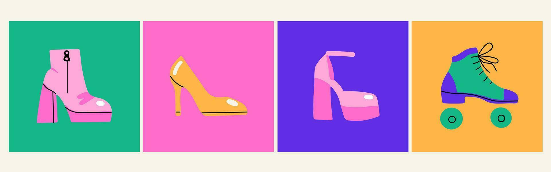 A set of fashionable women's shoes. Retro boots and roller skates. Hippie style of the 70s. Cartoon flat illustration vector