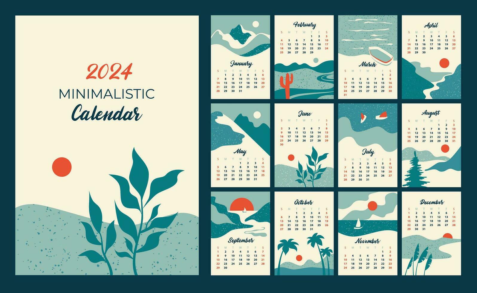 Minimalistic calendar of 2024. Beautiful flat landscapes. Posters in the Scandinavian style. Vertical layouts for printing vector