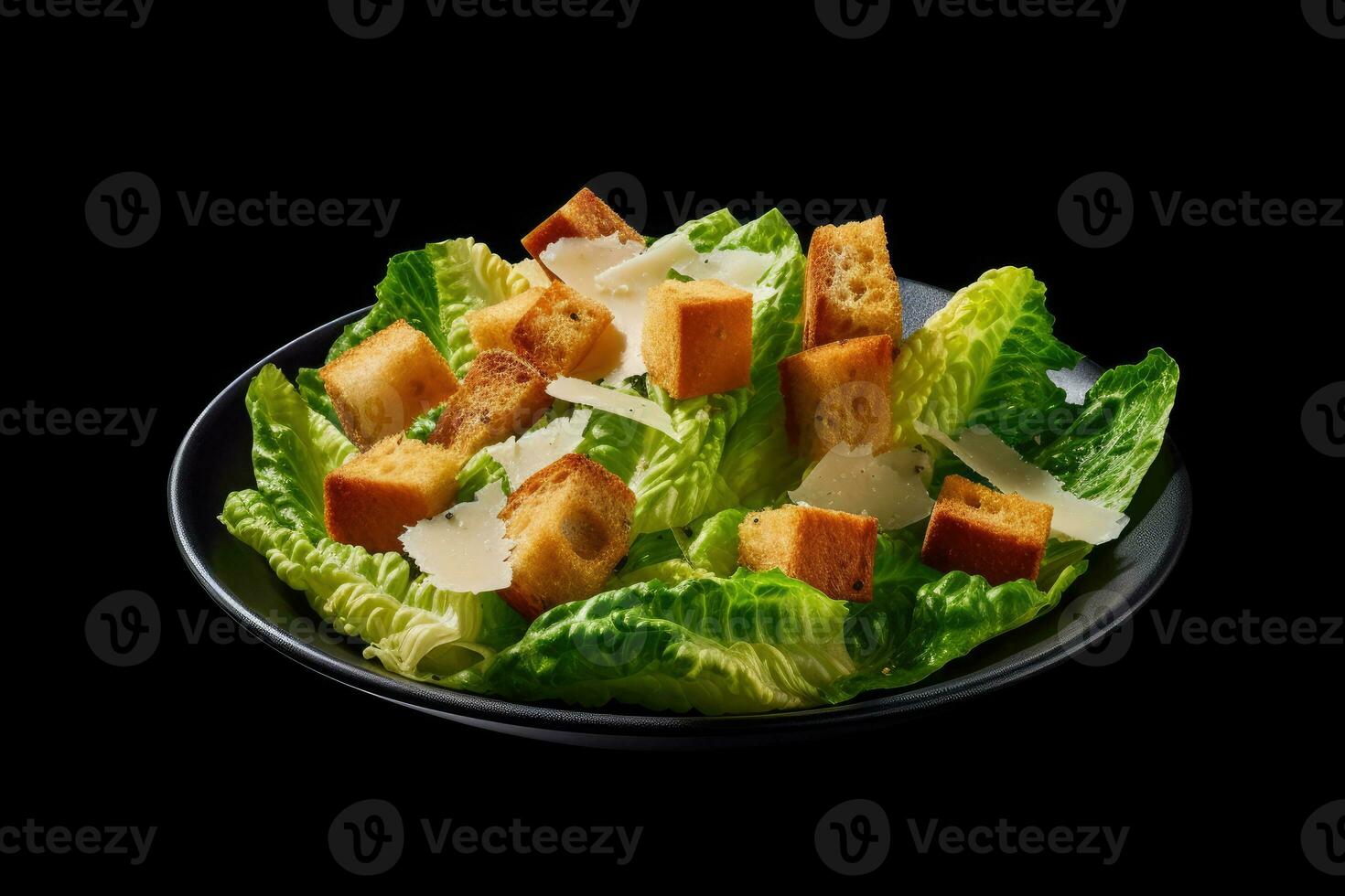 Caesar salad top view black background Generative AI photo