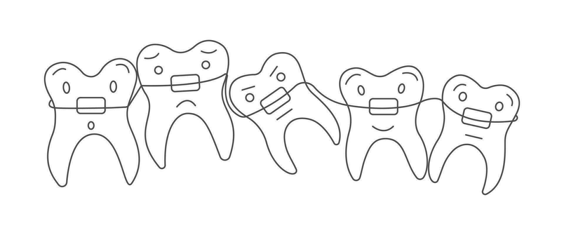 Doodle cute teeth with braces. Dental care. Oral hygiene concept for children for pediatric dentistry. Teeth cleaning and prevention. Teeth cleaning and prevention. Vector Hand draw illustration.