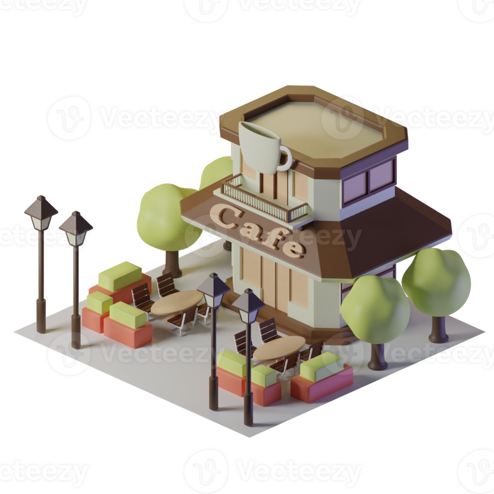 Cafe isometric building with two tables in front and trees and street lights png