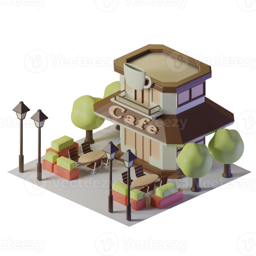 café isométrique bâtiment avec deux les tables dans de face et des arbres et rue lumières png