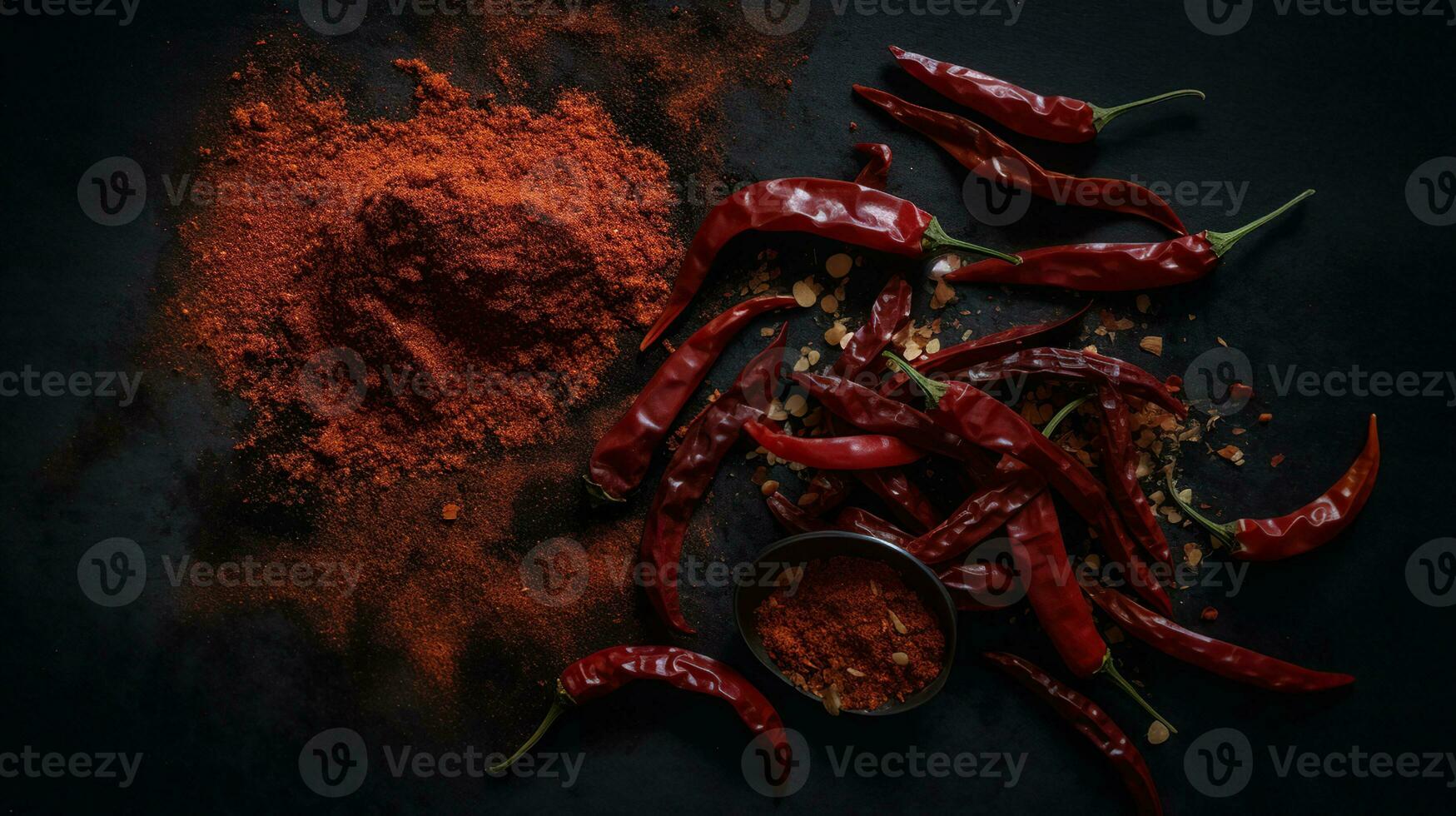 A Stunning Flat Lay Featuring Raw and Powdered Chili. Generative AI photo