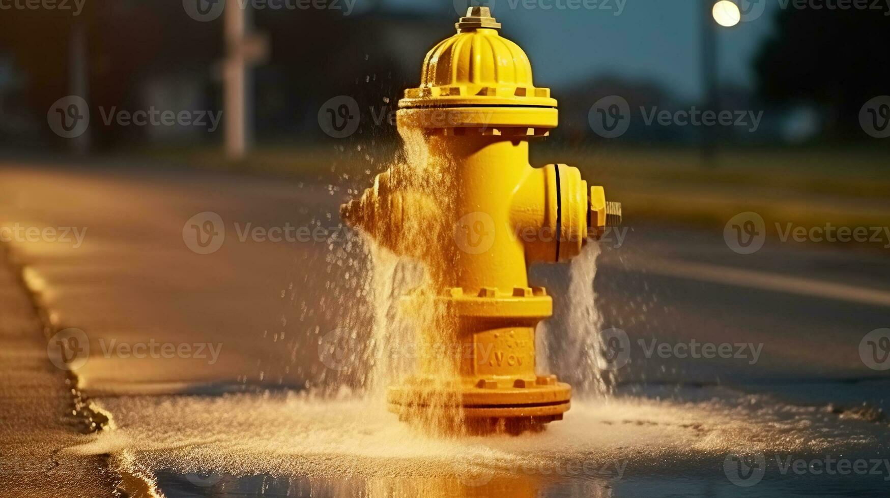 Hydrant Yellow Splashdown. Close-up of Street Flooding. Generative AI photo