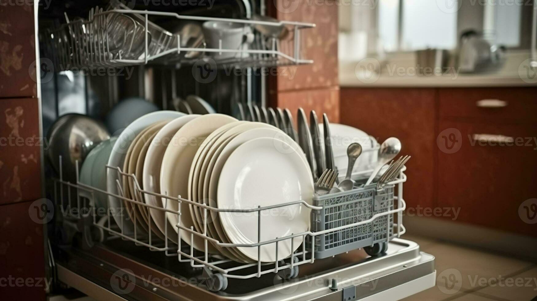 Dishwasher full with clean dishes in kitchen background. Generative AI photo