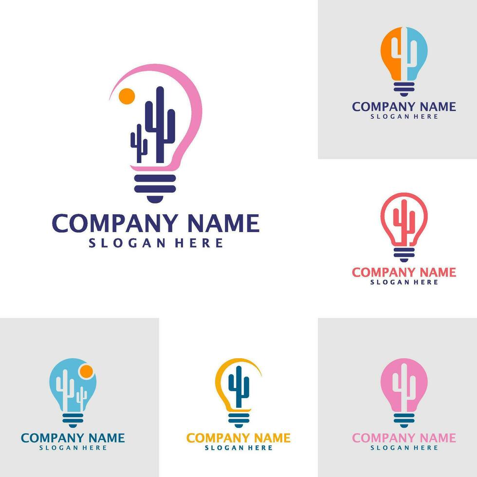 Set of Cactus with Bulb logo design vector. Creative Cactus logo design template concept vector