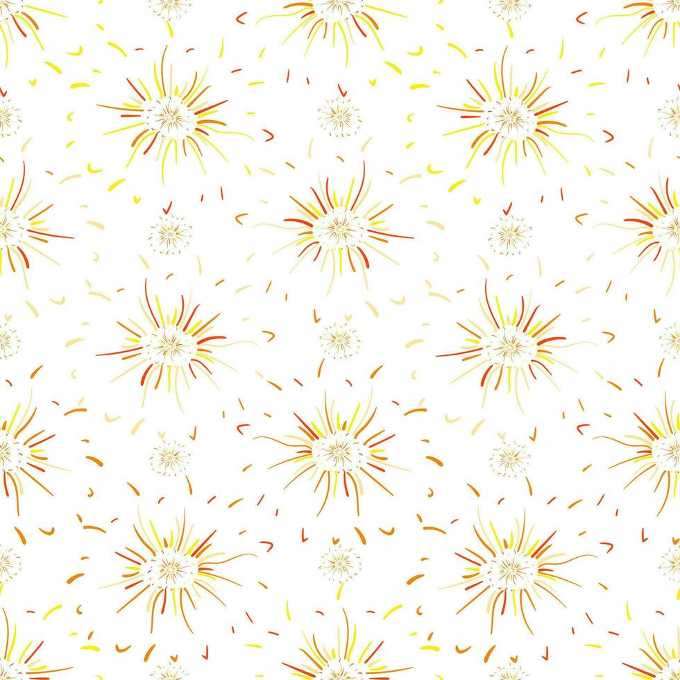 Seamless pattern with colorful doodle decorative elements, abstract circles and stripes, floral pattern and sun rays on white background vector