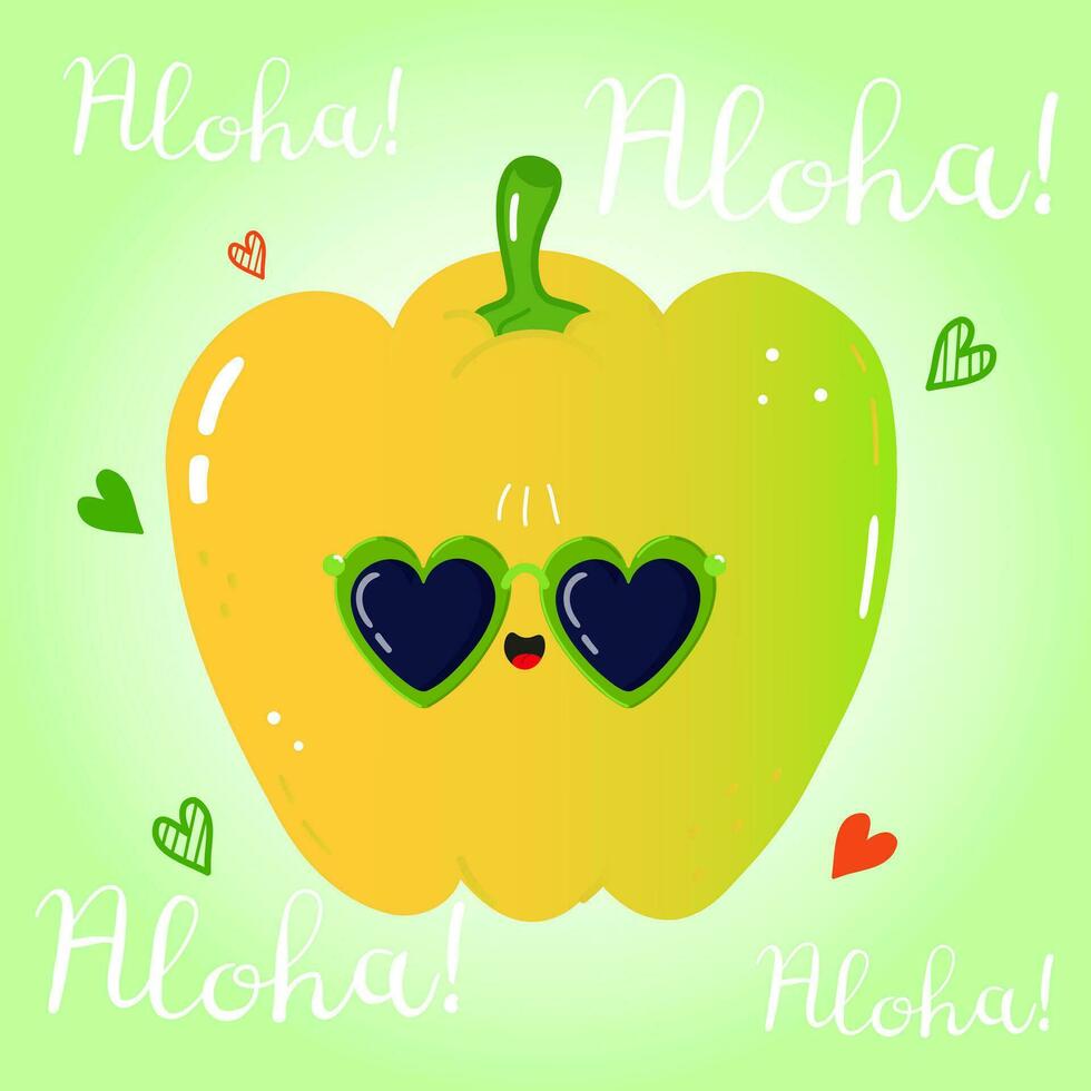 Cute funny Colored bell pepper character. Vector hand drawn cartoon kawaii character illustration icon. Isolated on green background. Colored bell pepper character concept. Aloha card