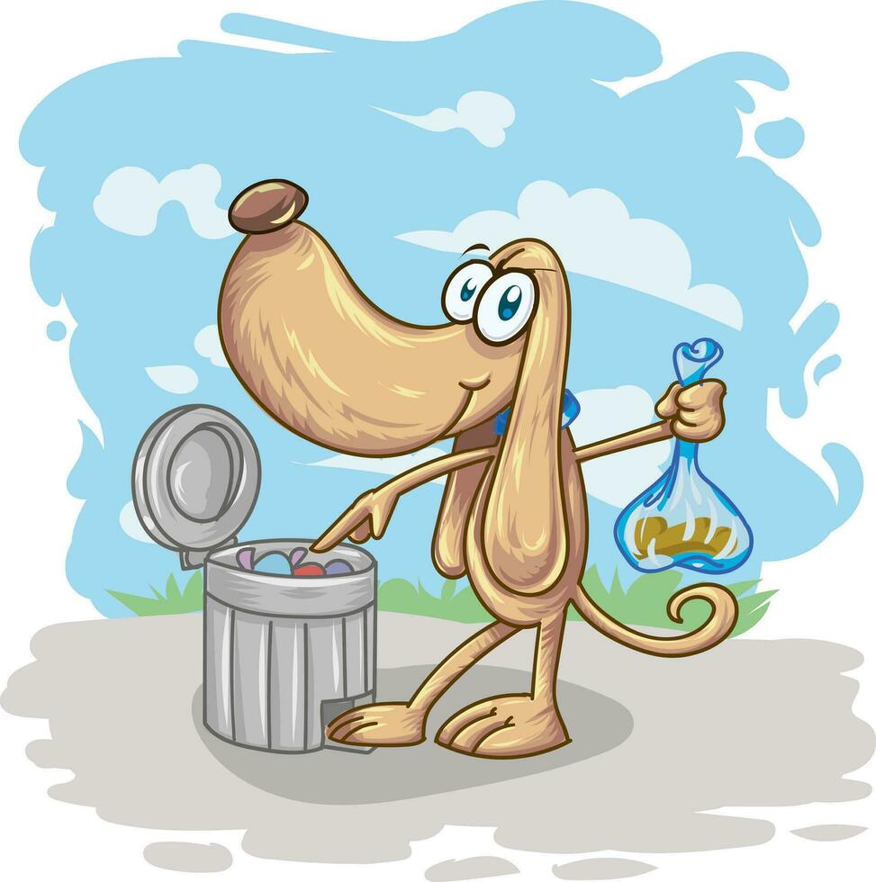 fun Dog throws poop in the bin. cartoon character. on background vector