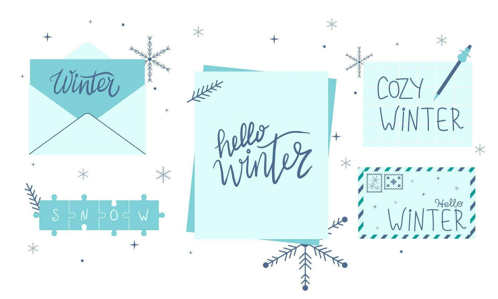 Winter Written paper mail with handwriten text. Flat vector illustration on isolated