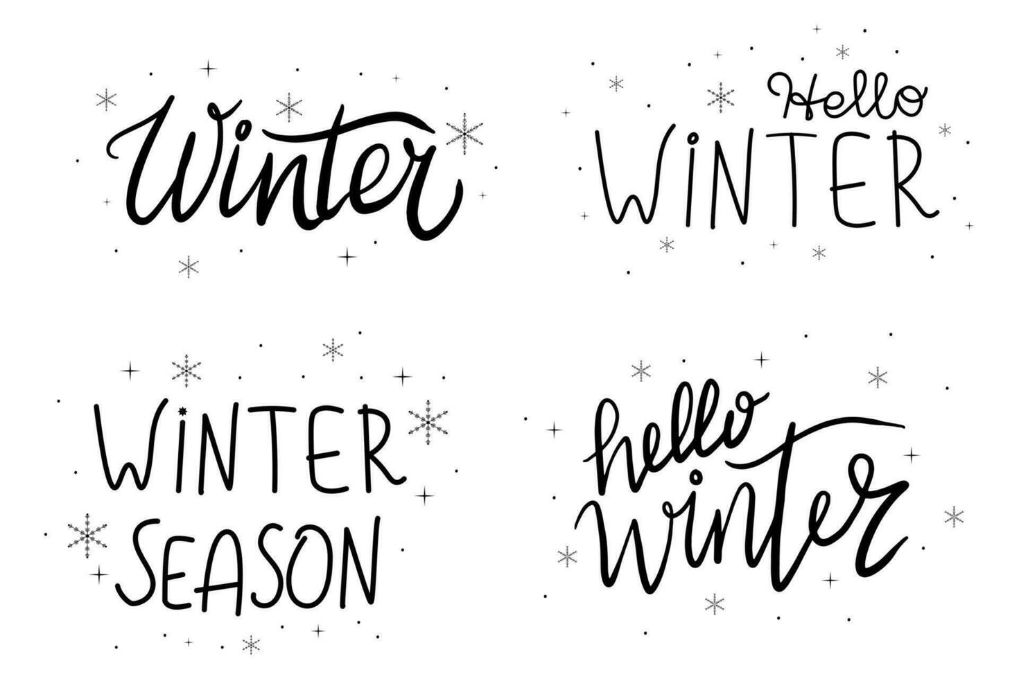 Winter lettering set decorated with snowflakes. Vector illustration of handwritten text