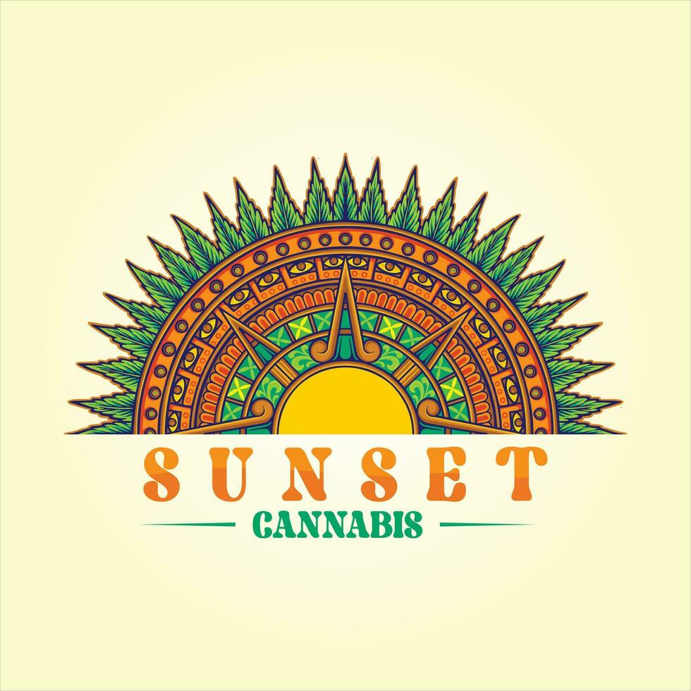 Intricate cannabis mandala with Aztec style patterns vector illustrations for your work logo, merchandise t-shirt, stickers and label designs, poster, greeting cards advertising business company