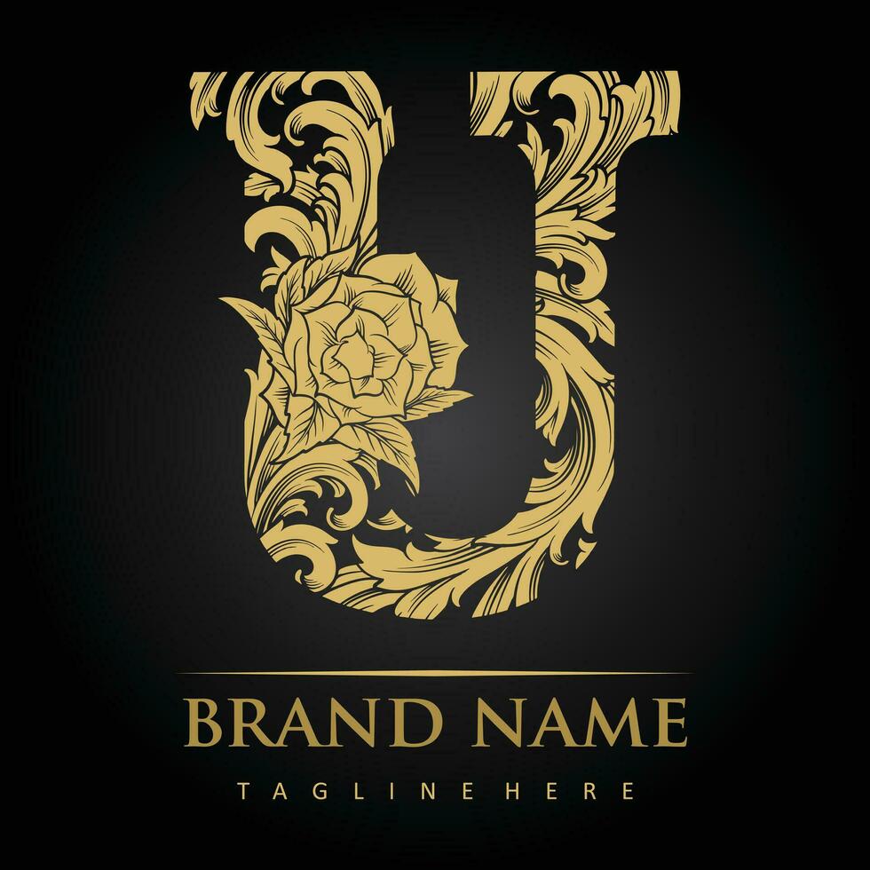 Delicate floral monogram U vintage engraved detail vector illustrations for your work logo, merchandise t-shirt, stickers and label designs, poster, greeting cards advertising business company.
