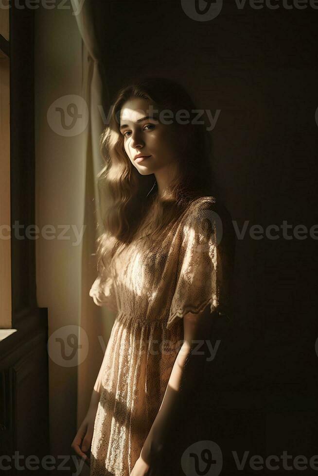 natural portrait of a European young girl in simple rustic clothes standing by the window, natural photo, soft light, ai generative art photo