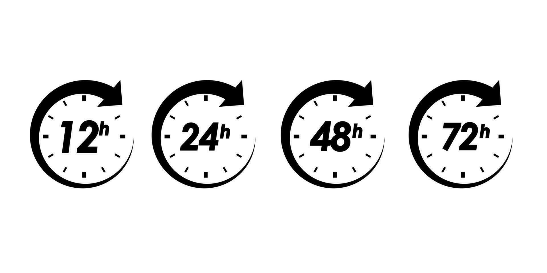 12, 24, 48 y 72 horas reloj flecha iconos aislado vector ilustración en blanco antecedentes. trabajo hora efecto o entrega Servicio tiempo.