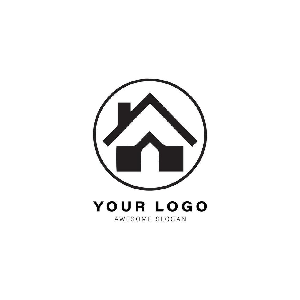 Simple black and white logo design for a house or building. The design features a triangle shape on top of the house vector