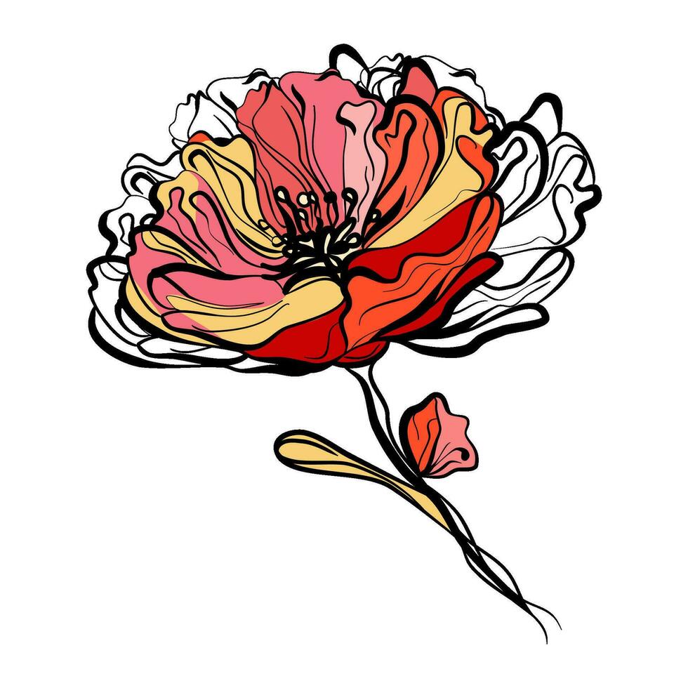 Poppy flower in line art technique vector