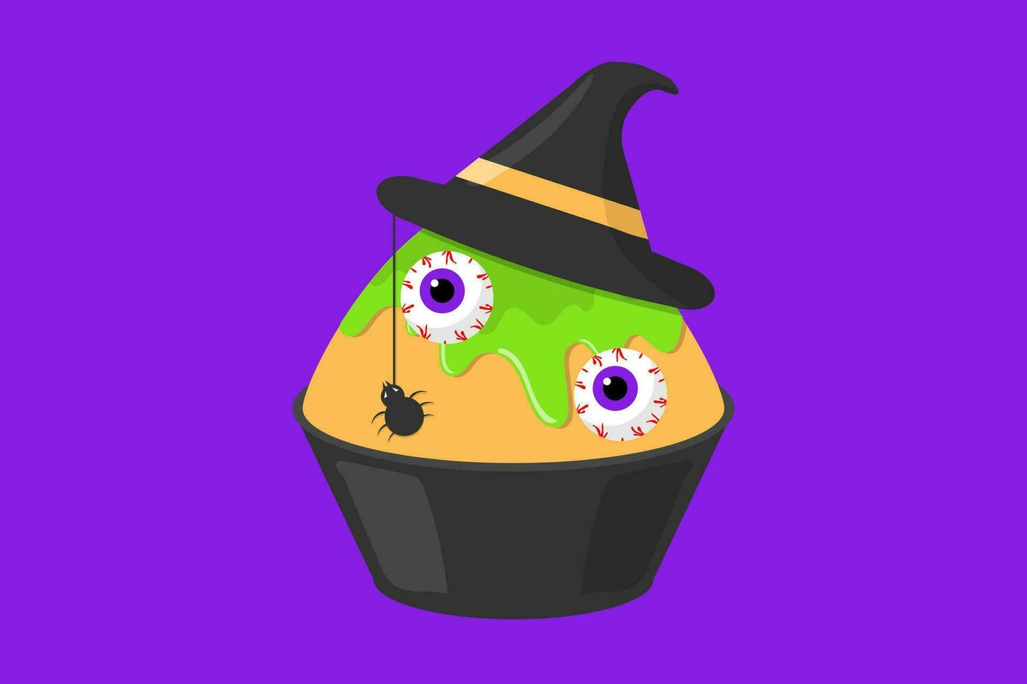 Halloween food and dessert concept. Orange shaved ice with green sauce with two human eyes, witch hat, and a black spider topping on an purple background. vector